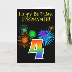 Carte Feux d'artifice amusants + motif arc-en-ciel "4" A