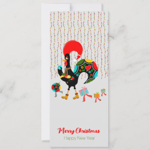 Carte Feux de Noël, baubles, cadeaux et coq