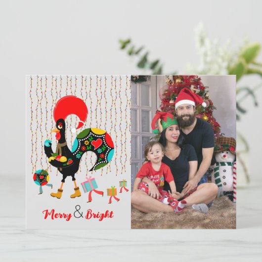 Carte Feux de Noël, baubles, cadeaux et coq (Debout devant)