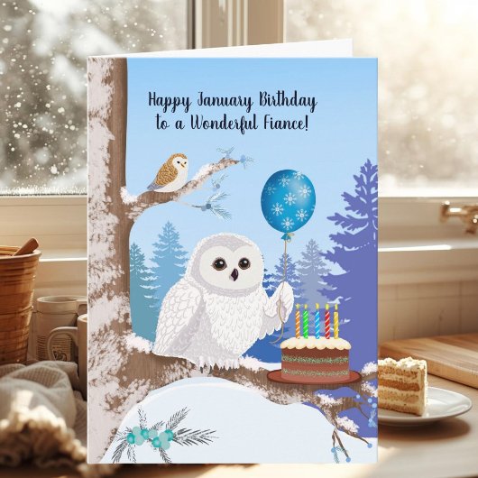 Carte Fiance Happy January Birthday Snowy Owl