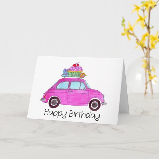 Carte Fiat 500 rose Retro (Fleur jaune)