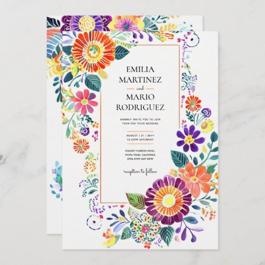 Carte FIESTA MARIAGE - Fleurs Folkart Moderne (Devant / Derrière)