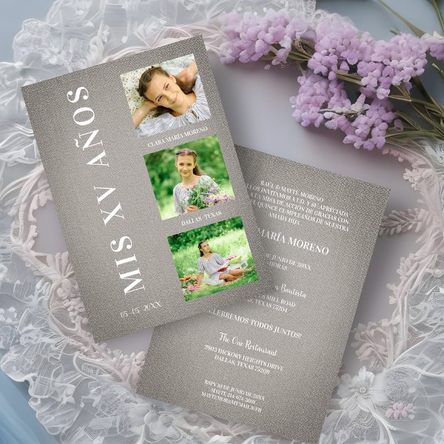 Carte Fiesta Quinceañera Español Textura Textil Gris (Créateur téléchargé)