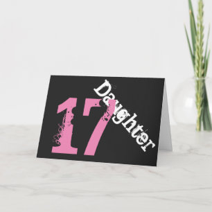 Carte Fille, 17ème anniversaire, blanc, rose sur noir.