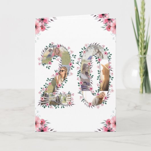 Carte Fille 20e anniversaire Photo Collage Rose Fleur Bl (Devant)