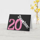 Carte Fille, 20ème anniversaire, blanc, rose sur noir. (Fleur jaune)
