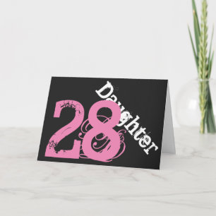Carte Fille, 28ème anniversaire, blanc, rose sur noir.
