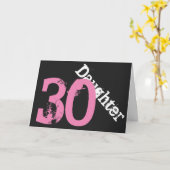 Carte Fille, 30ème anniversaire, blanc, rose sur noir. (Fleur jaune)