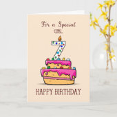 Carte Fille 7e anniversaire, 7 sur Gâteau rose doux (Fleur jaune)