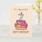 Carte Fille 7e anniversaire, 7 sur Gâteau rose doux (Fleur jaune)