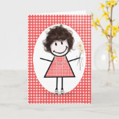 Carte Fille à bâtons d'anniversaire sur gingham rouge (Fleur jaune)