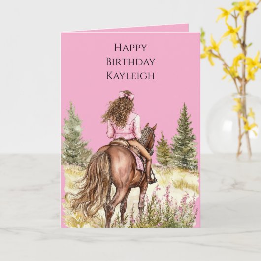 Carte Fille À Cheval Anniversaire (Fleur jaune)