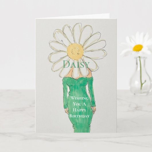 Carte Fille à la marguerite robe verte (Petite plante)