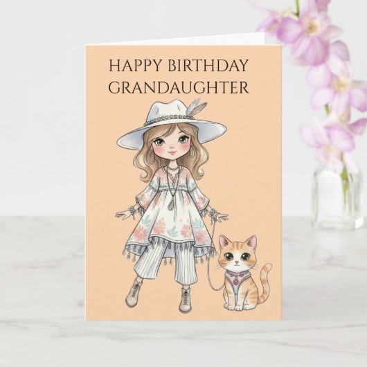 Carte Fille à la mode se promenant avec son chat (Orchidée)