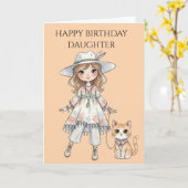Carte Fille à la mode se promenant avec son chat (Fleur jaune)