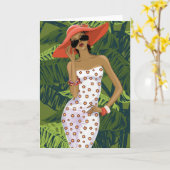 Carte Fille à la mode tropicale en grand Casquette rouge (Fleur jaune)