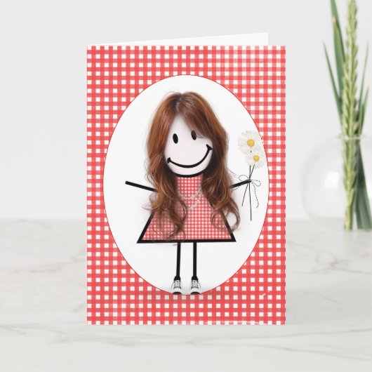 Carte Fille anniversaire rousse stick figure sur gingham (Devant)