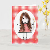 Carte Fille anniversaire rousse stick figure sur gingham (Fleur jaune)