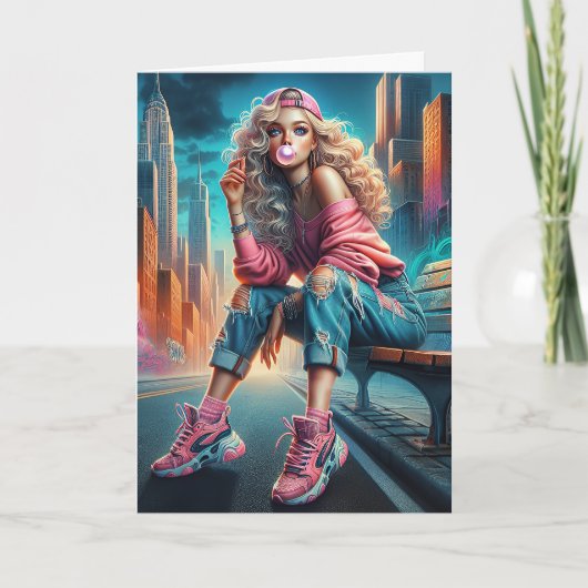 Carte Fille Anniversaire Sur Le Banc De Ville (Devant)