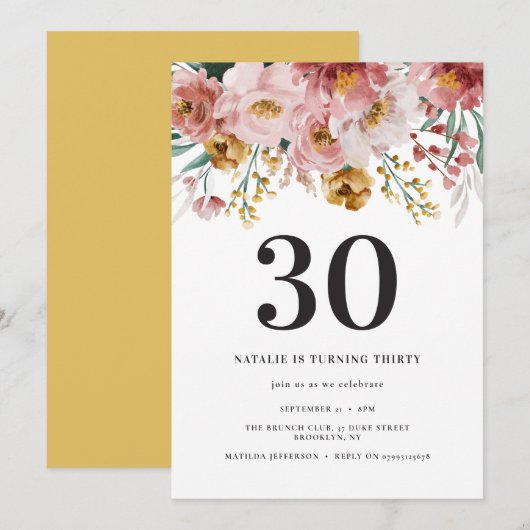 Carte Fille aquarelle florale 30e anniversaire rose chic (Devant / Derrière)