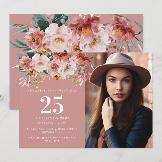 Carte Fille aquarelle florale éditable photo d'âge (Devant / Derrière)