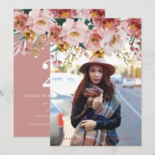 Carte Fille aquarelle florale éditable photo d'âge (Devant / Derrière)