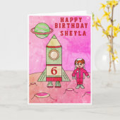 Carte Fille astronaute Lune dans l'espace Joyeux anniver (Fleur jaune)