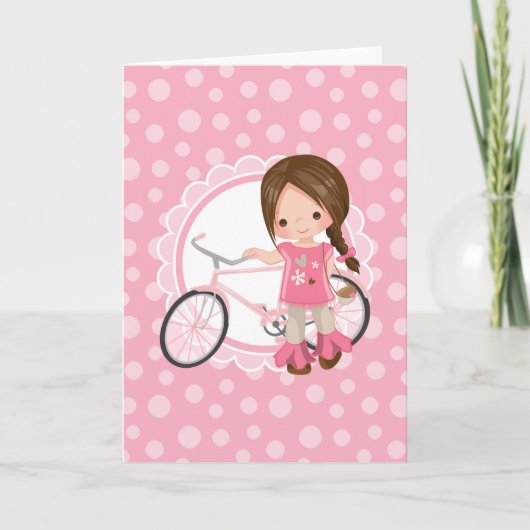 Carte Fille aux cheveux bruns à bicyclette - Rose Blanc (Devant)