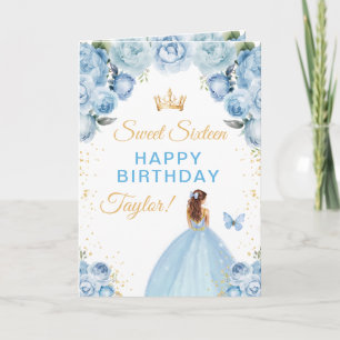 Carte Fille aux cheveux bruns bleus anniversaire seize a