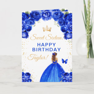 Carte Fille aux cheveux bruns bleus anniversaire seize a