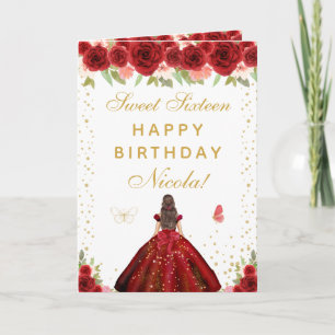 Carte Fille aux cheveux bruns floraux rouges Sweet Sixte