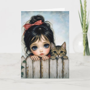Carte Fille aux Grands Yeux et Chat de Compagnie