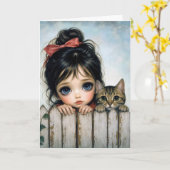 Carte Fille aux Grands Yeux et Chat de Compagnie (Fleur jaune)