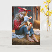 Carte Fille Avec Agneau Bébé Pour Anniversaire (Fleur jaune)