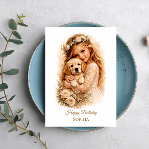 Carte Fille avec chiot Golden Retriever