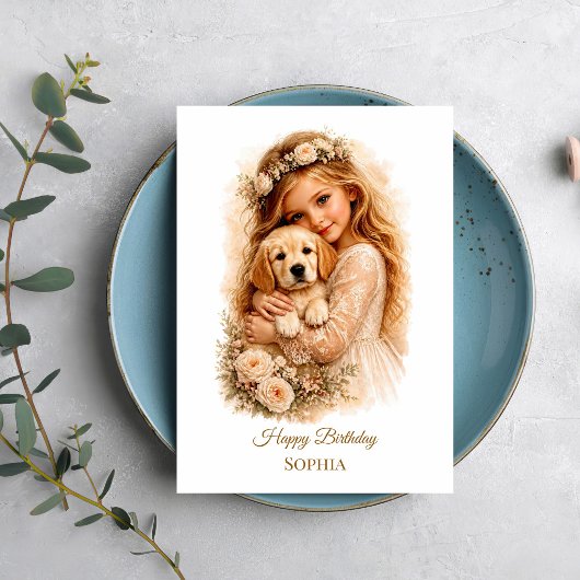 Carte Fille avec chiot Golden Retriever
