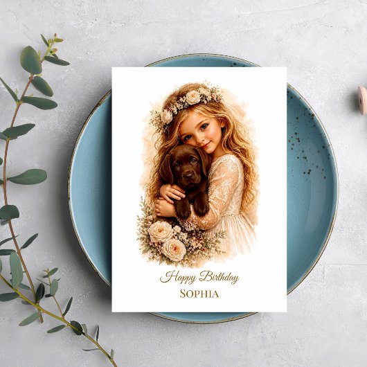 Carte Fille avec chiot Labrador chocolat