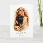 Carte Fille avec chiot Labrador noir (Devant)