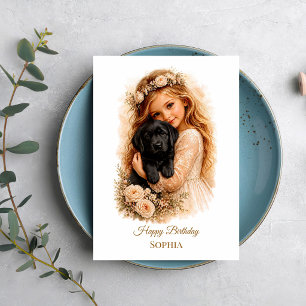 Carte Fille avec chiot Labrador noir