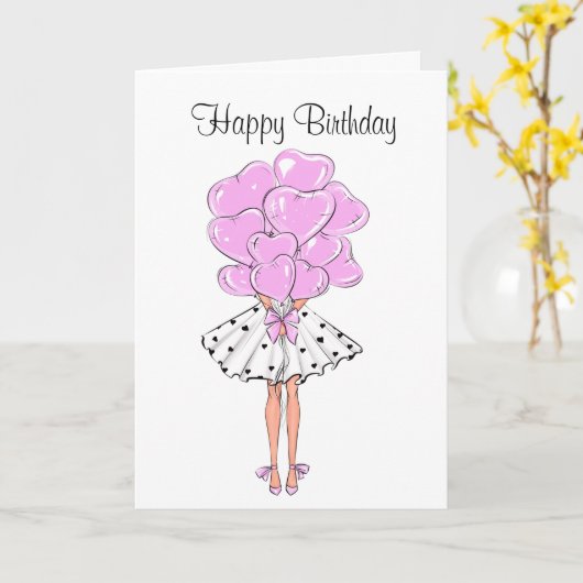 Carte Fille avec des ballons de coeur Anniversaire (Fleur jaune)
