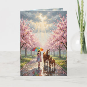 Carte Fille avec parapluie et poney dans un parc pluvieu