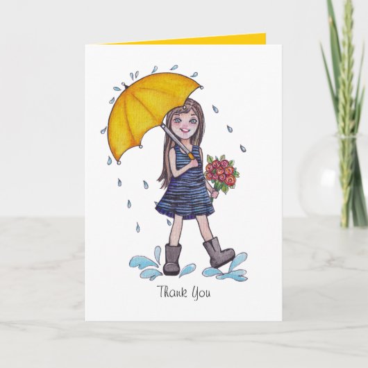 Carte Fille Avec Parapluie Jaune Dans L'Aquarelle (Devant)