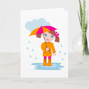 Carte Fille avec parapluie sous la pluie Enfants Jour pl