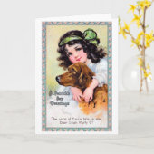 Carte Fille avec un chien Irish Setter, Saint Patrick. (Fleur jaune)