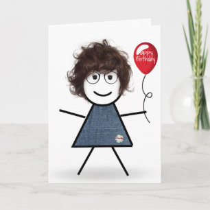 Carte Fille bâton d'anniversaire avec ballon rouge