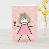 Carte Fille bâton d'anniversaire avec du vin rouge  (Fleur jaune)