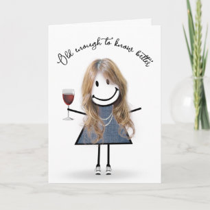 Carte Fille bâton d'anniversaire avec verre à vin