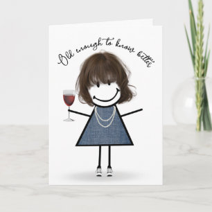 Carte Fille bâton d'anniversaire avec verre à vin