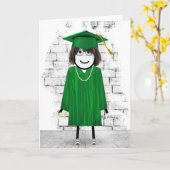 Carte Fille bâton diplômée avec cheveux et diplôme  (Fleur jaune)