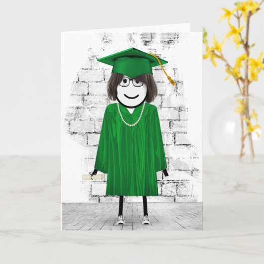 Carte Fille bâton diplômée avec cheveux et diplôme (Fleur jaune)